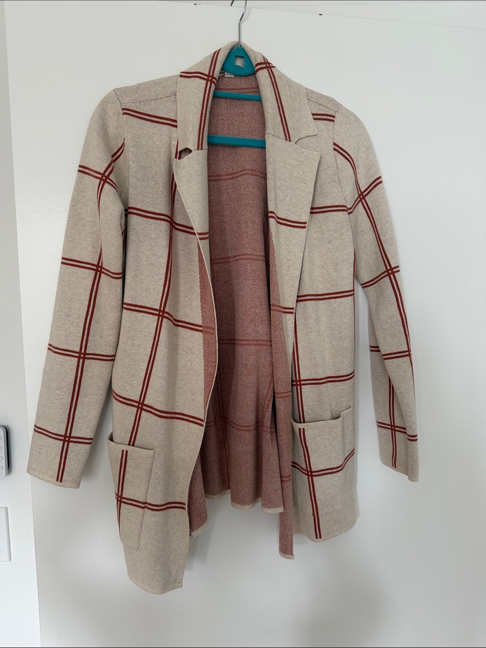 J. Crew Cream Knit Cardigan Blazer with Rust Windowpane